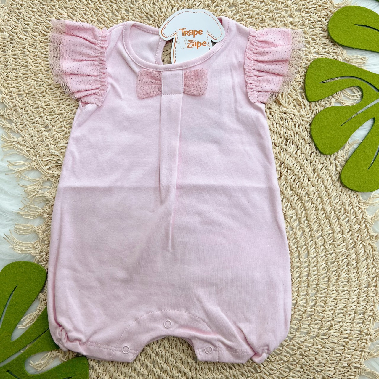 Macacão Curto com Laço e Mangas em Tule Brilhantes - Rosa